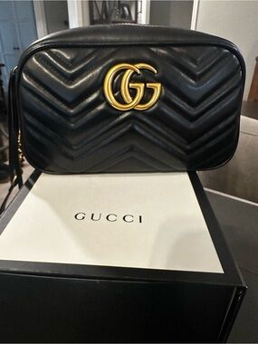 Gucci Black Leather GG Marmont Chevron Camera Bag with Gold Hardware
